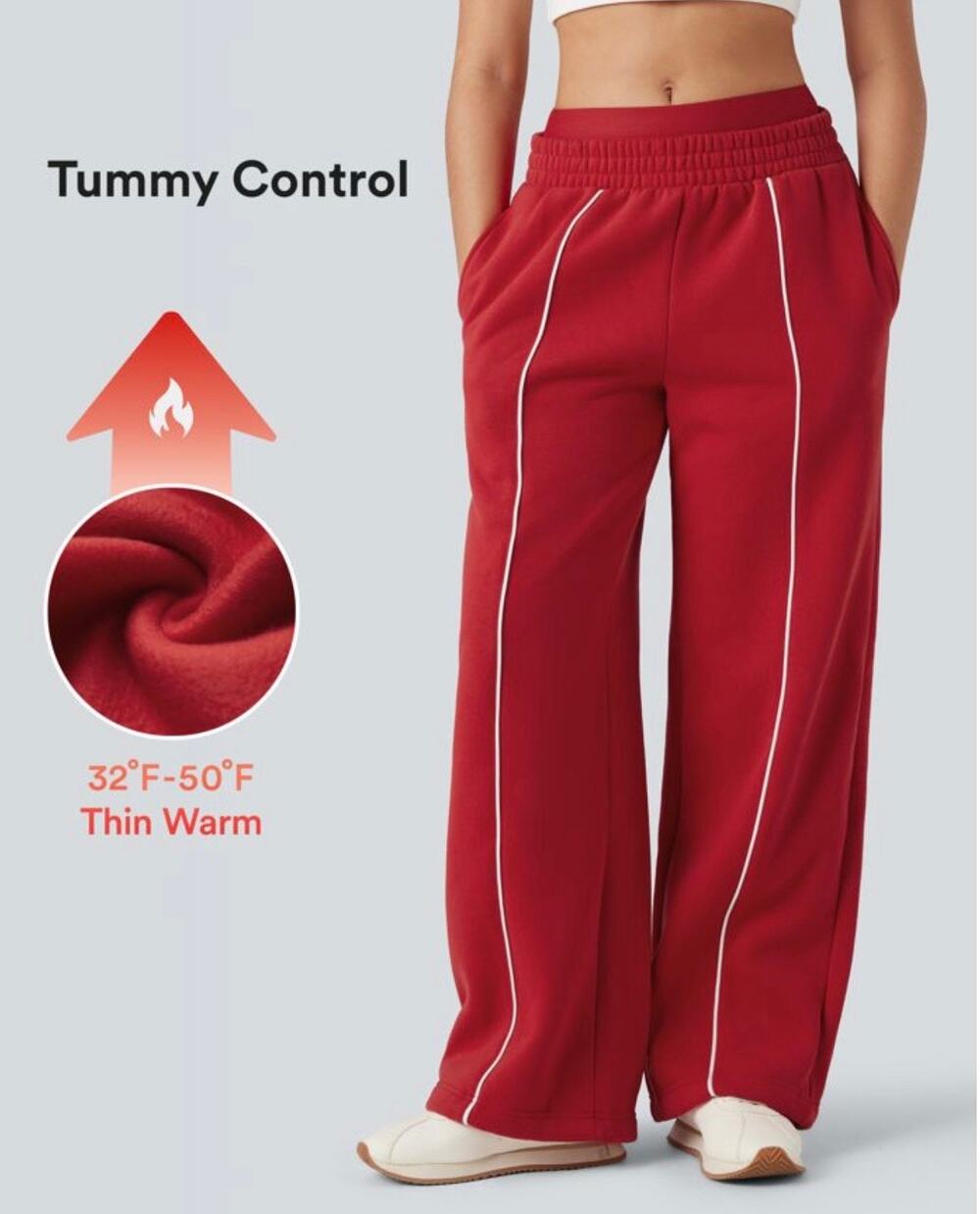 HALARA Wide Leg Sweatpants in Red with White Piping